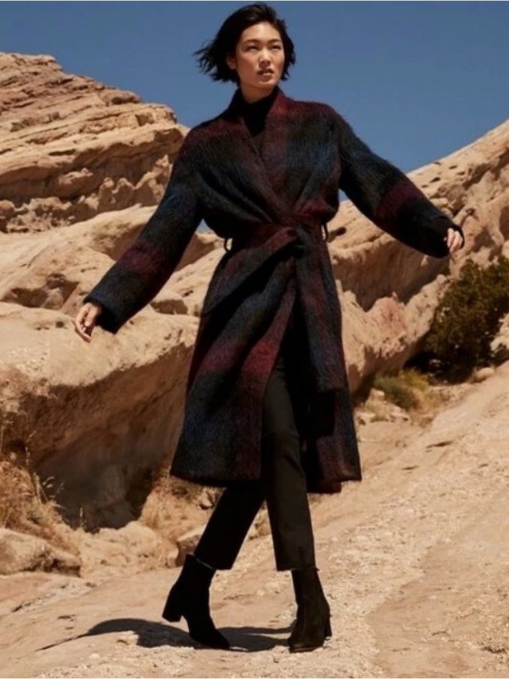 Vince Brushed Plaid Wool Alpaca Belted Coat